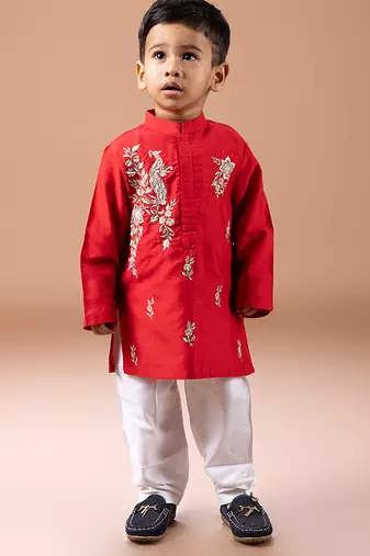Red embroidered cotton silk kurta set
