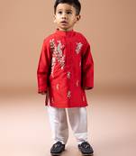 Red embroidered cotton silk kurta set