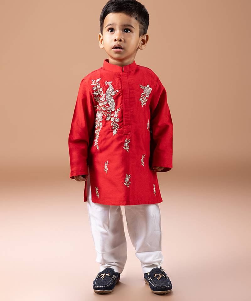 Red embroidered cotton silk kurta set