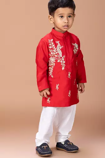 Red embroidered cotton silk kurta set