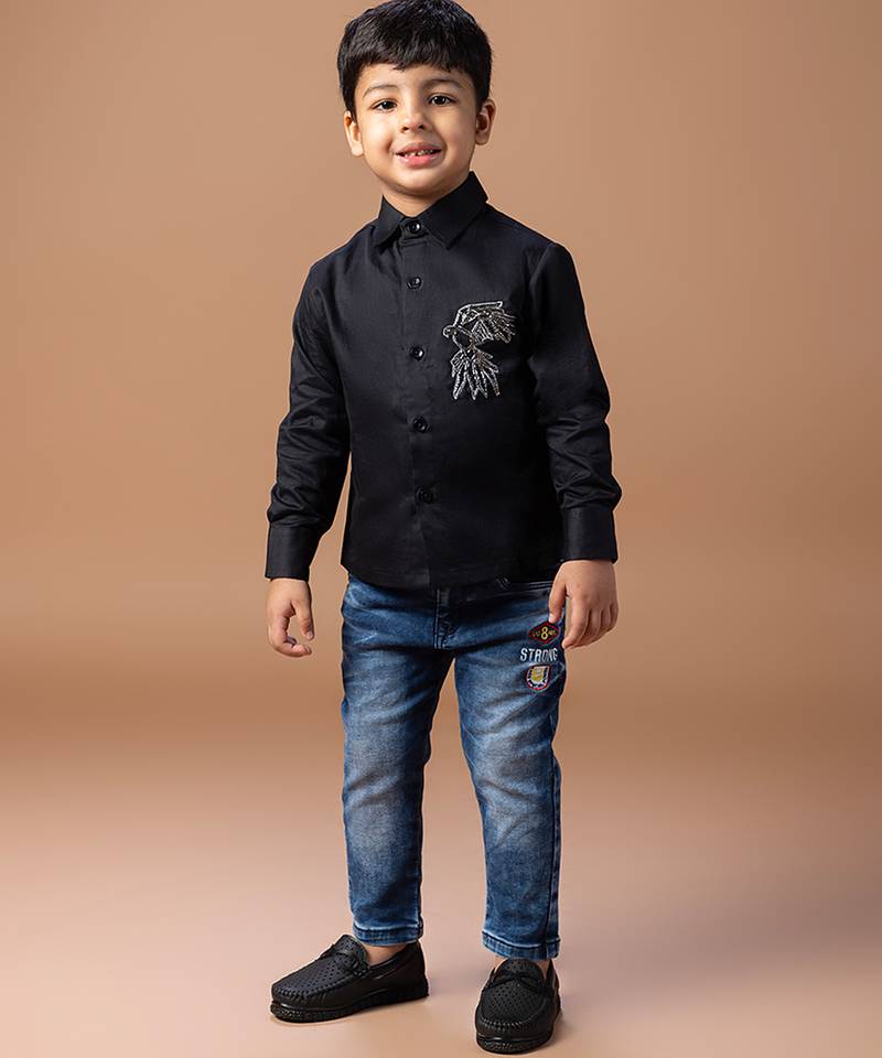 Black embroidered cotton blend shirt