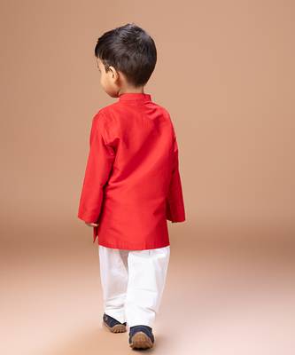 Red embroidered cotton silk kurta set 3