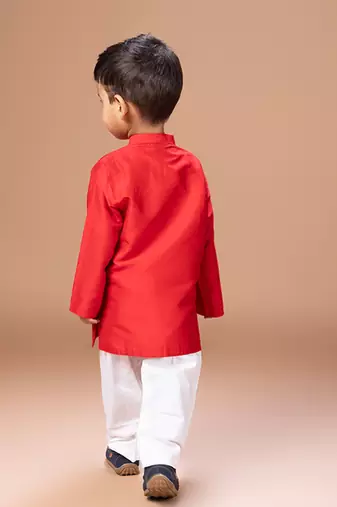 Red embroidered cotton silk kurta set