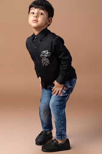 Black embroidered cotton blend shirt