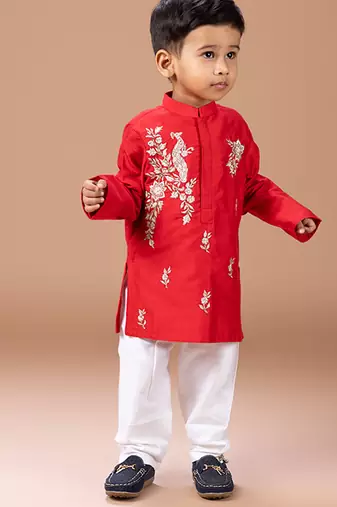 Red embroidered cotton silk kurta set