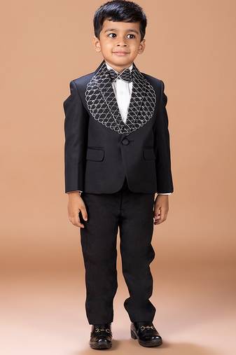 Black embroidered cotton blend tuxedo set