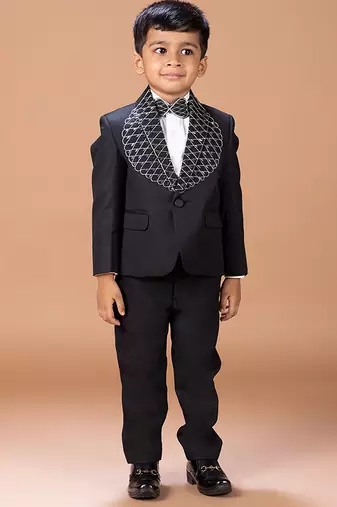 Black embroidered cotton blend tuxedo set