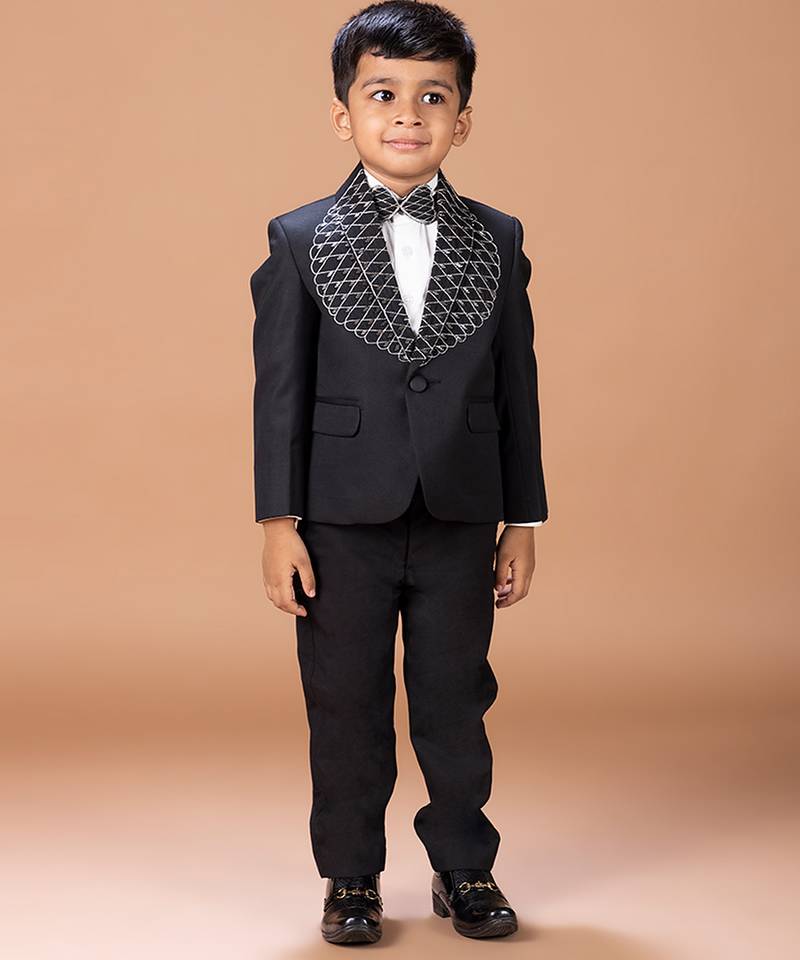Black embroidered cotton blend tuxedo set