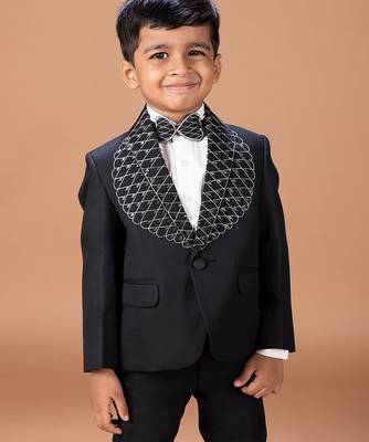Black embroidered cotton blend tuxedo set 2