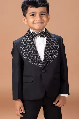 Black embroidered cotton blend tuxedo set