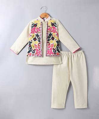 Beige embroidered cotton silk jacket kurta set 1