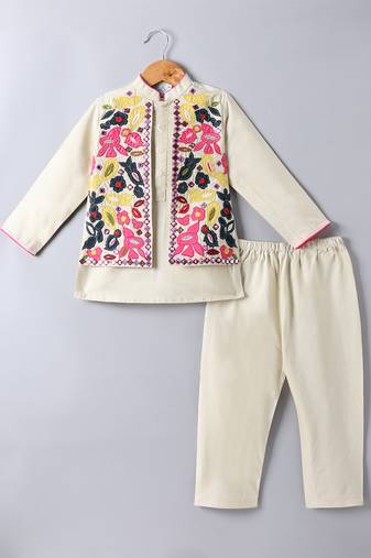 Beige embroidered cotton silk jacket kurta set