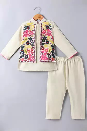 Beige embroidered cotton silk jacket kurta set