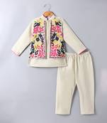 Beige embroidered cotton silk jacket kurta set