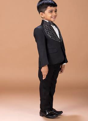Black embroidered cotton blend tuxedo set 3