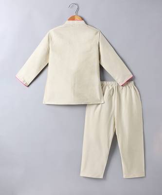 Beige embroidered cotton silk jacket kurta set 2