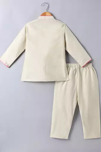 Beige embroidered cotton silk jacket kurta set