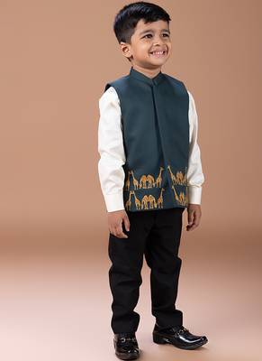 Bottle green embroidered cotton blend nehru jacket set 1