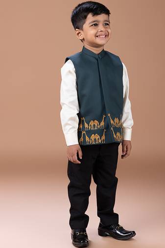 Bottle green embroidered cotton blend nehru jacket set