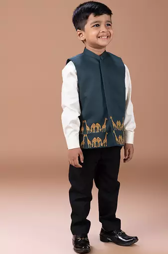 Bottle green embroidered cotton blend nehru jacket set