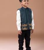 Bottle green embroidered cotton blend nehru jacket set