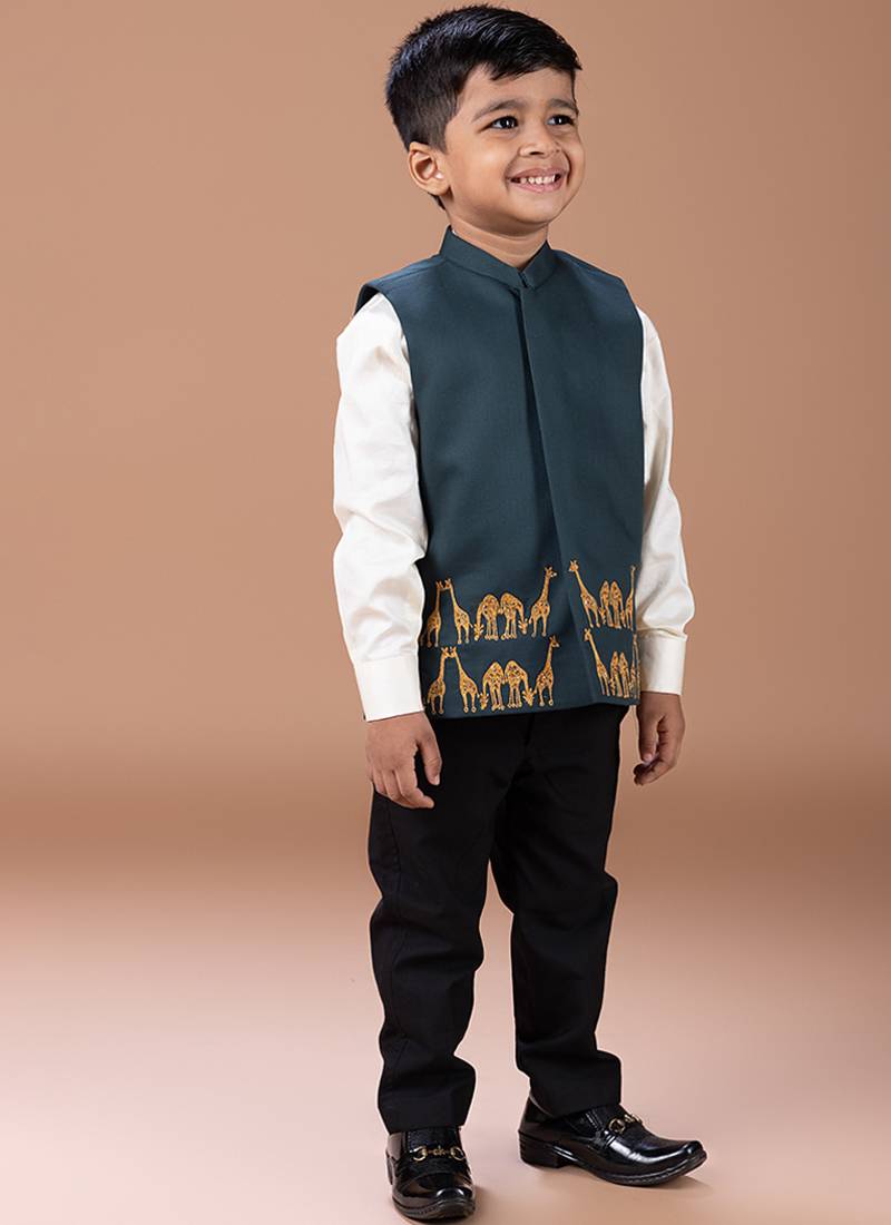 Bottle green embroidered cotton blend nehru jacket set