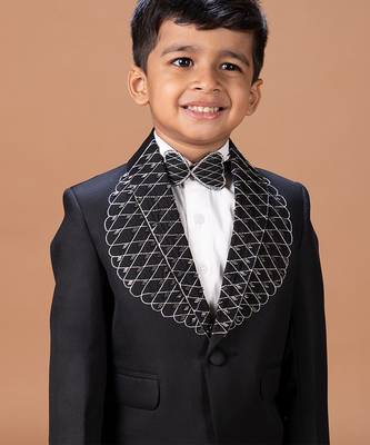 Black embroidered cotton blend tuxedo set 5