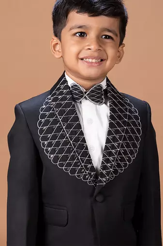Black embroidered cotton blend tuxedo set