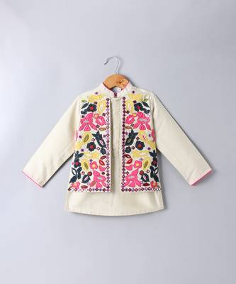 Beige embroidered cotton silk jacket kurta set 3