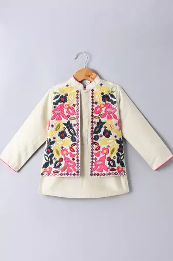 Beige embroidered cotton silk jacket kurta set