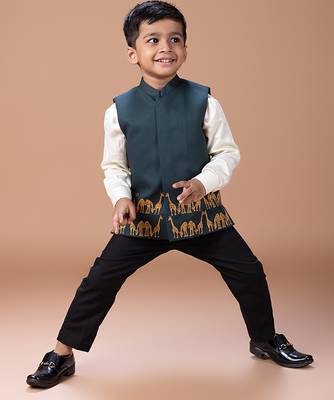 Bottle green embroidered cotton blend nehru jacket set 2