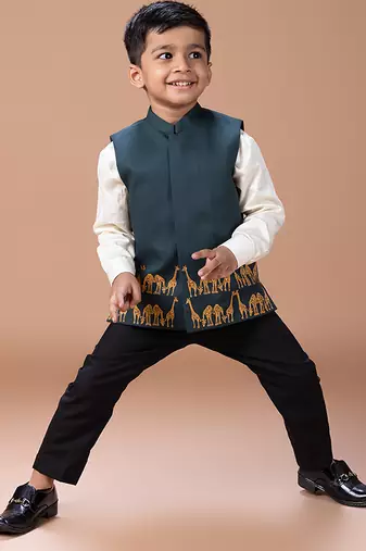 Bottle green embroidered cotton blend nehru jacket set