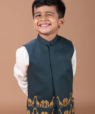 Bottle green embroidered cotton blend nehru jacket set 3