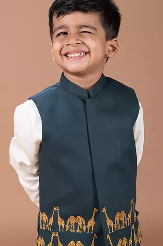 Bottle green embroidered cotton blend nehru jacket set