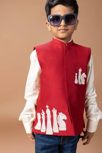 Maroon embroidered cotton blend nehru jacket set