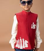 Maroon embroidered cotton blend nehru jacket set