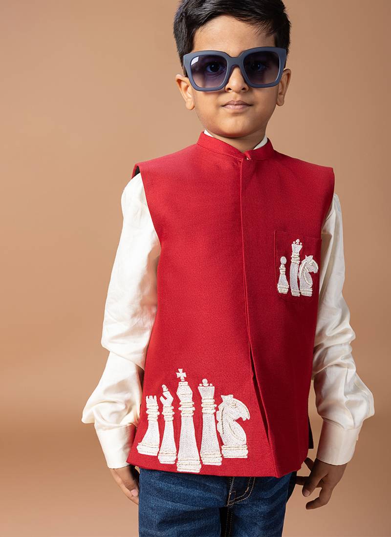 Maroon embroidered cotton blend nehru jacket set