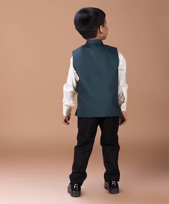 Bottle green embroidered cotton blend nehru jacket set 4