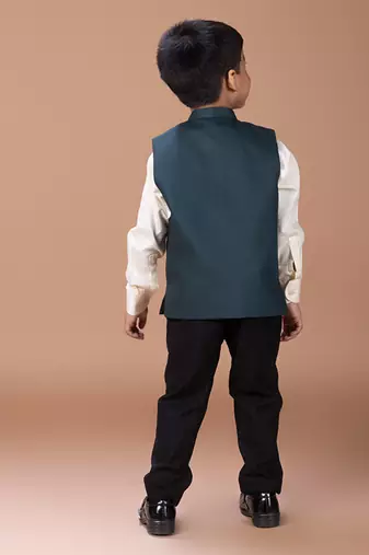 Bottle green embroidered cotton blend nehru jacket set