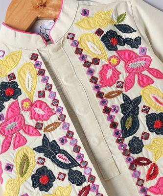 Beige embroidered cotton silk jacket kurta set 5