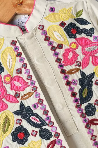 Beige embroidered cotton silk jacket kurta set