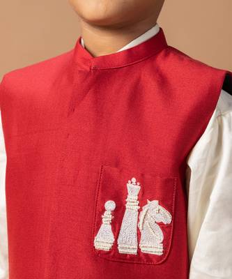 Maroon embroidered cotton blend nehru jacket set 2