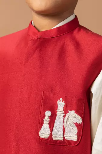 Maroon embroidered cotton blend nehru jacket set