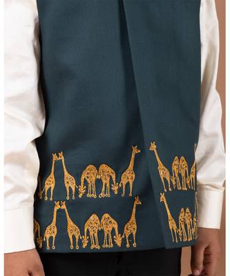 Bottle green embroidered cotton blend nehru jacket set 5