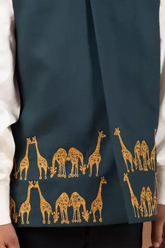 Bottle green embroidered cotton blend nehru jacket set