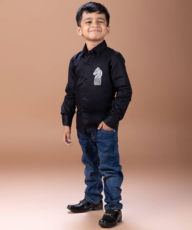 Black embroidered cotton blend shirt