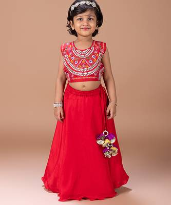 Red embroidered cotton silk lehenga set 1