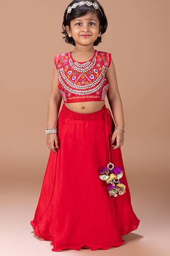 Red embroidered cotton silk lehenga set