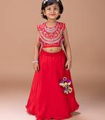 Red embroidered cotton silk lehenga set