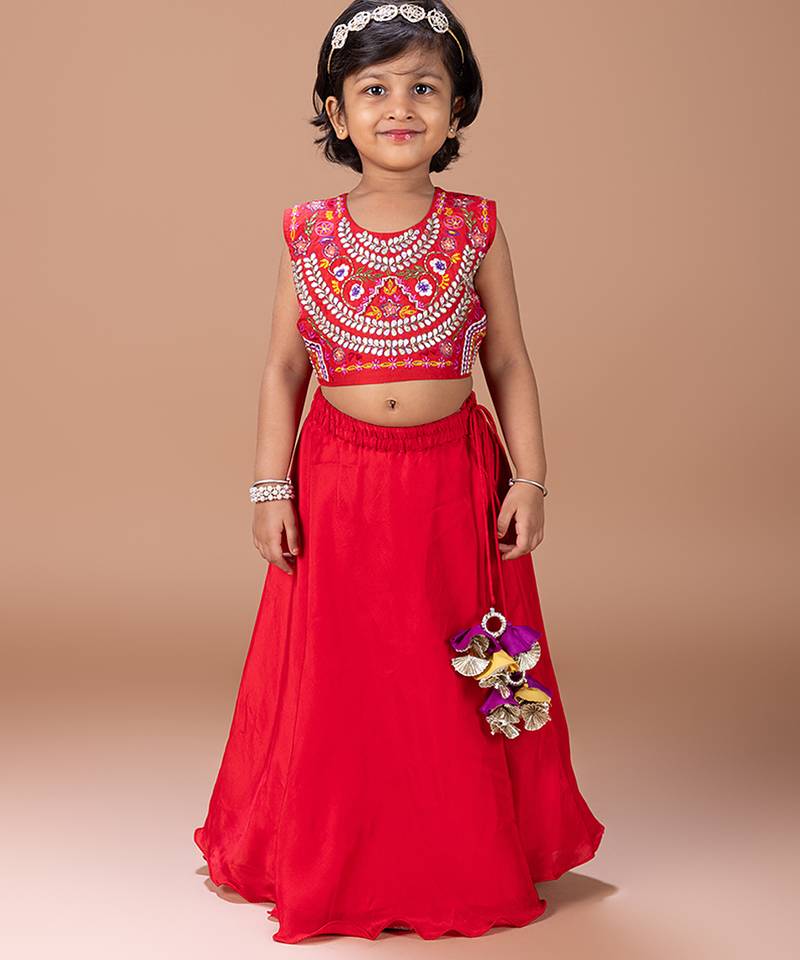 Red embroidered cotton silk lehenga set